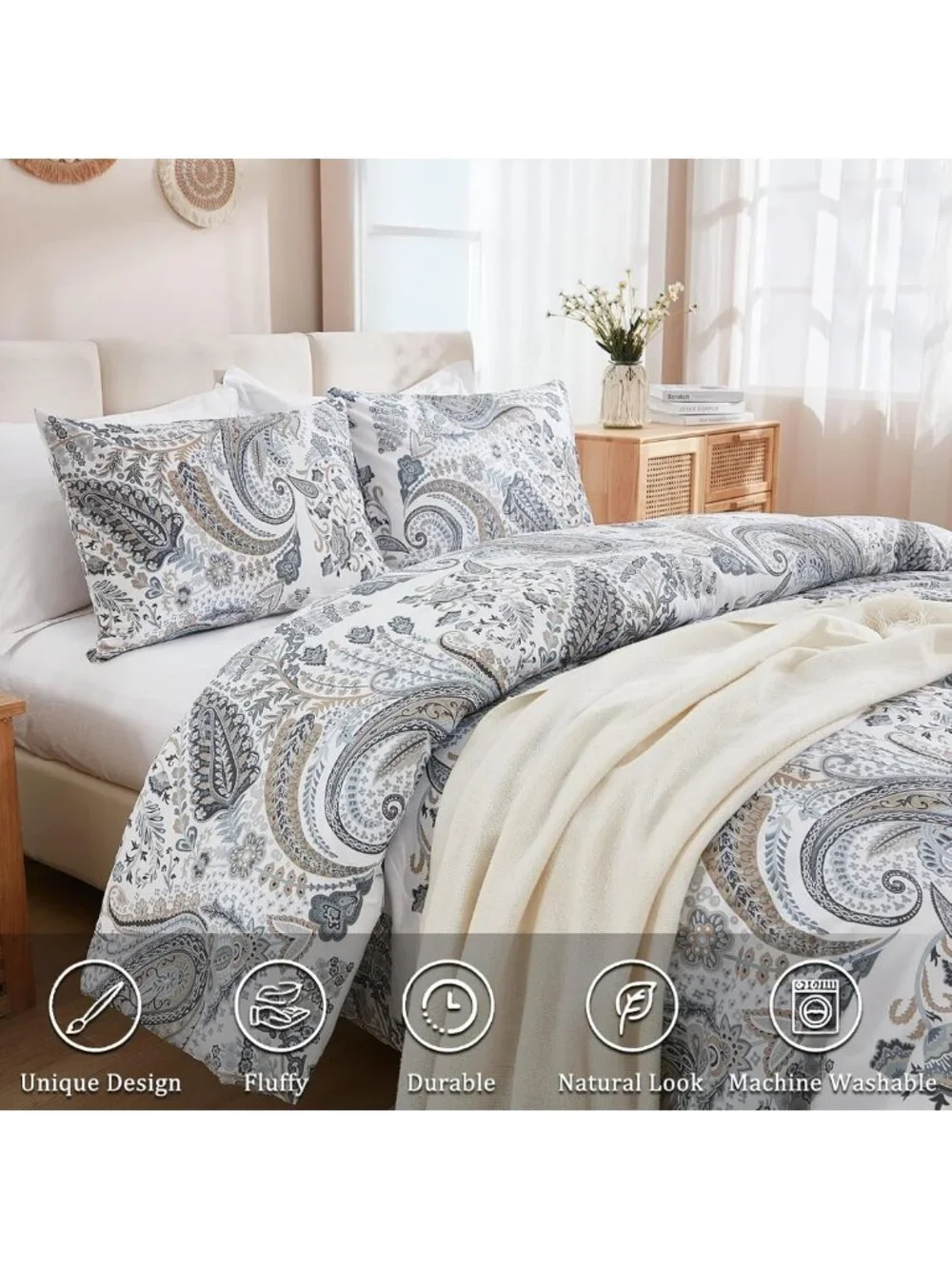 Queen Size Grey Blue Paisley Comforter Set - 3 Piece Lightweight Boho Bedding